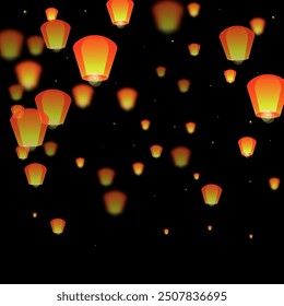 Sky lanterns floating in the night sky. Thailand holiday with paper lantern lights flying in the night sky. Sky lantern festival celebration. Vector illustration on black background.