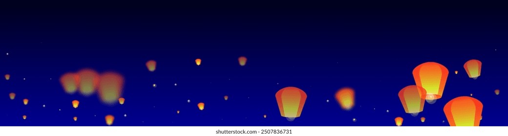 Sky lanterns floating in the night sky. Thailand holiday with paper lantern lights flying in the night sky. Sky lantern festival celebration. Vector illustration on dark blue background.