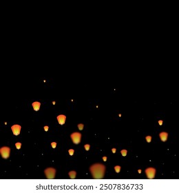 Sky lanterns floating in the night sky. Thailand holiday with paper lantern lights flying in the night sky. Sky lantern festival celebration. Vector illustration on black background.