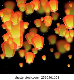 Sky lanterns floating in the night sky. Thailand holiday with paper lantern lights flying in the night sky. Sky lantern festival celebration. Vector illustration on black background.