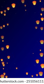 Sky lanterns floating in the night sky. Thailand holiday with paper lantern lights flying in the night sky. Sky lantern festival celebration. Vector illustration on dark blue background.