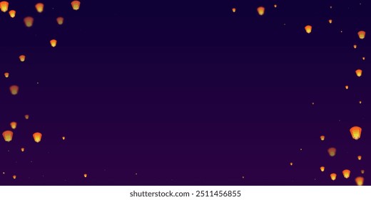 Sky lanterns floating in the night sky. Thailand holiday with paper lantern lights flying in the night sky. Sky lantern festival celebration. Vector illustration on purple gradient background.