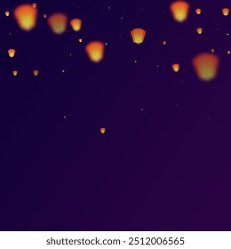 Sky lanterns floating in the night sky. Thailand holiday with paper lantern lights flying in the night sky. Sky lantern festival celebration. Vector illustration on purple gradient background.