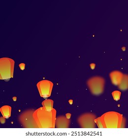 Sky lanterns floating in the night sky. Thailand holiday with paper lantern lights flying in the night sky. Sky lantern festival celebration. Vector illustration on purple gradient background.