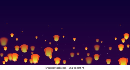 Sky lanterns floating in the night sky. Thailand holiday with paper lantern lights flying in the night sky. Sky lantern festival celebration. Vector illustration on purple gradient background.