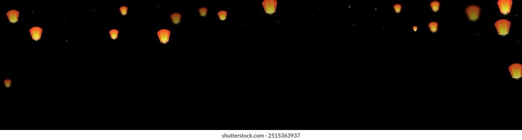 Sky lanterns floating in the night sky. Thailand holiday with paper lantern lights flying in the night sky. Sky lantern festival celebration. Vector illustration on black background.