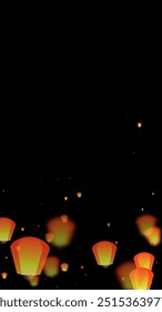 Sky lanterns floating in the night sky. Thailand holiday with paper lantern lights flying in the night sky. Sky lantern festival celebration. Vector illustration on black background.