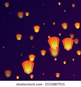 Sky lanterns floating in the night sky. Thailand holiday with paper lantern lights flying in the night sky. Sky lantern festival celebration. Vector illustration on purple gradient background.