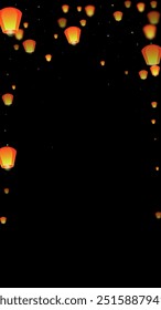 Sky lanterns floating in the night sky. Thailand holiday with paper lantern lights flying in the night sky. Sky lantern festival celebration. Vector illustration on black background.