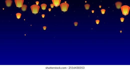 Sky lanterns floating in the night sky. Thailand holiday with paper lantern lights flying in the night sky. Sky lantern festival celebration. Vector illustration on dark blue background.