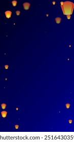 Sky lanterns floating in the night sky. Thailand holiday with paper lantern lights flying in the night sky. Sky lantern festival celebration. Vector illustration on dark blue background.