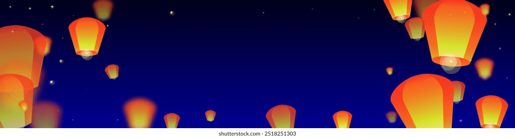 Sky lanterns floating in the night sky. Thailand holiday with paper lantern lights flying in the night sky. Sky lantern festival celebration. Vector illustration on dark blue background.