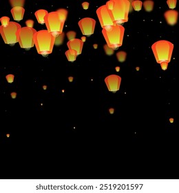 Sky lanterns floating in the night sky. Thailand holiday with paper lantern lights flying in the night sky. Sky lantern festival celebration. Vector illustration on black background.