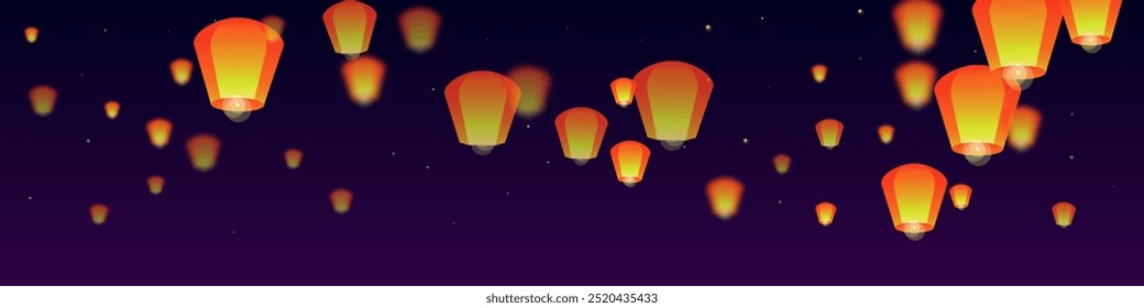 Sky lanterns floating in the night sky. Thailand holiday with paper lantern lights flying in the night sky. Sky lantern festival celebration. Vector illustration on purple gradient background.