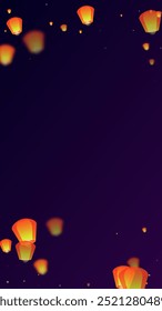 Sky lanterns floating in the night sky. Thailand holiday with paper lantern lights flying in the night sky. Sky lantern festival celebration. Vector illustration on purple gradient background.