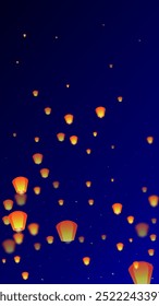 Sky lanterns floating in the night sky. Thailand holiday with paper lantern lights flying in the night sky. Sky lantern festival celebration. Vector illustration on dark blue background.