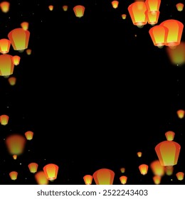 Sky lanterns floating in the night sky. Thailand holiday with paper lantern lights flying in the night sky. Sky lantern festival celebration. Vector illustration on black background.