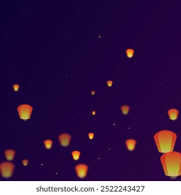 Sky lanterns floating in the night sky. Thailand holiday with paper lantern lights flying in the night sky. Sky lantern festival celebration. Vector illustration on purple gradient background.