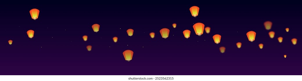 Sky lanterns floating in the night sky. Thailand holiday with paper lantern lights flying in the night sky. Sky lantern festival celebration. Vector illustration on purple gradient background.