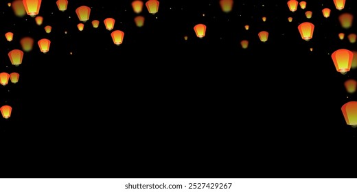 Sky lanterns floating in the night sky. Thailand holiday with paper lantern lights flying in the night sky. Sky lantern festival celebration. Vector illustration on black background.