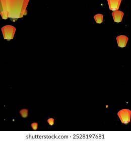 Sky lanterns floating in the night sky. Thailand holiday with paper lantern lights flying in the night sky. Sky lantern festival celebration. Vector illustration on black background.