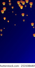 Sky lanterns floating in the night sky. Thailand holiday with paper lantern lights flying in the night sky. Sky lantern festival celebration. Vector illustration on dark blue background.