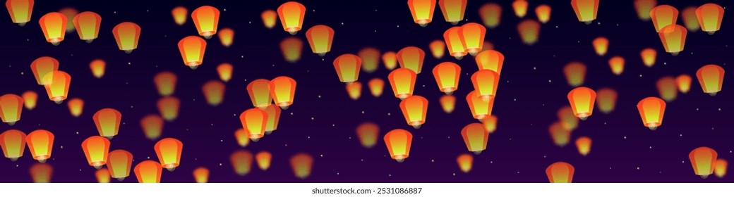 Linternas de cielo flotando en el cielo nocturno. Vacaciones de Tailandia con luces de linterna de papel volando en el cielo nocturno. Celebración del festival de linternas del cielo. Ilustración vectorial sobre fondo de gradiente púrpura.