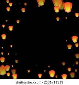 Sky lanterns floating in the night sky. Thailand holiday with paper lantern lights flying in the night sky. Sky lantern festival celebration. Vector illustration on black background.