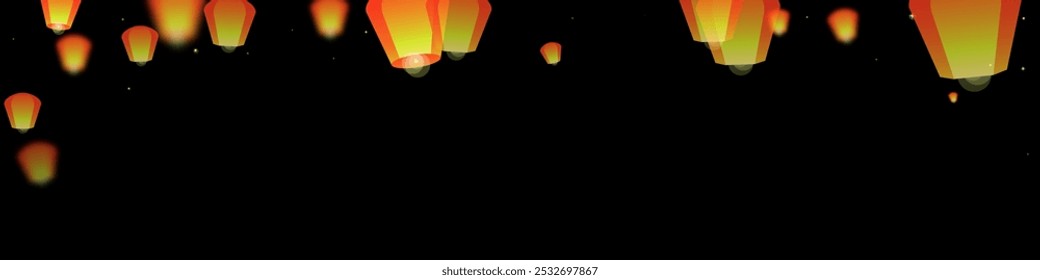 Sky lanterns floating in the night sky. Thailand holiday with paper lantern lights flying in the night sky. Sky lantern festival celebration. Vector illustration on black background.