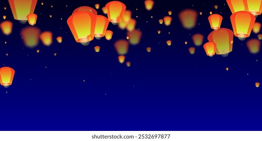 Sky lanterns floating in the night sky. Thailand holiday with paper lantern lights flying in the night sky. Sky lantern festival celebration. Vector illustration on dark blue background.