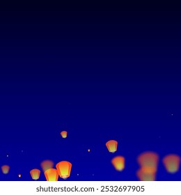 Sky lanterns floating in the night sky. Thailand holiday with paper lantern lights flying in the night sky. Sky lantern festival celebration. Vector illustration on dark blue background.