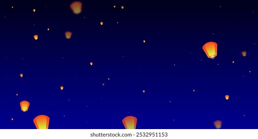 Sky lanterns floating in the night sky. Thailand holiday with paper lantern lights flying in the night sky. Sky lantern festival celebration. Vector illustration on dark blue background.