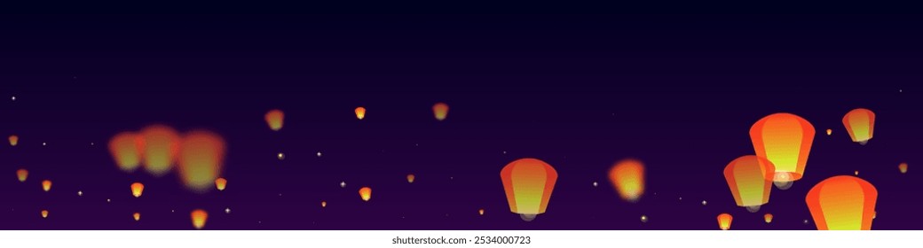 Sky lanterns floating in the night sky. Thailand holiday with paper lantern lights flying in the night sky. Sky lantern festival celebration. Vector illustration on purple gradient background.