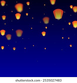 Sky lanterns floating in the night sky. Thailand holiday with paper lantern lights flying in the night sky. Sky lantern festival celebration. Vector illustration on dark blue background.