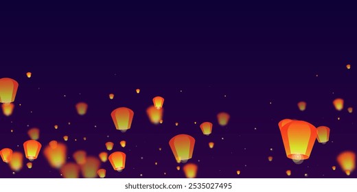 Sky lanterns floating in the night sky. Thailand holiday with paper lantern lights flying in the night sky. Sky lantern festival celebration. Vector illustration on purple gradient background.