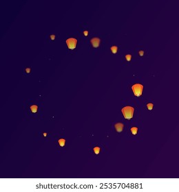 Sky lanterns floating in the night sky. Thailand holiday with paper lantern lights flying in the night sky. Sky lantern festival celebration. Vector illustration on purple gradient background.