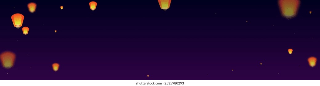 Sky lanterns floating in the night sky. Thailand holiday with paper lantern lights flying in the night sky. Sky lantern festival celebration. Vector illustration on purple gradient background.