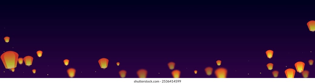 Sky lanterns floating in the night sky. Thailand holiday with paper lantern lights flying in the night sky. Sky lantern festival celebration. Vector illustration on purple gradient background.