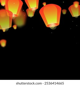 Sky lanterns floating in the night sky. Thailand holiday with paper lantern lights flying in the night sky. Sky lantern festival celebration. Vector illustration on black background.