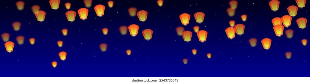 Sky lanterns floating in the night sky. Thailand holiday with paper lantern lights flying in the night sky. Sky lantern festival celebration. Vector illustration on dark blue background.