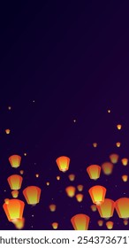 Sky lanterns floating in the night sky. Thailand holiday with paper lantern lights flying in the night sky. Sky lantern festival celebration. Vector illustration on purple gradient background.