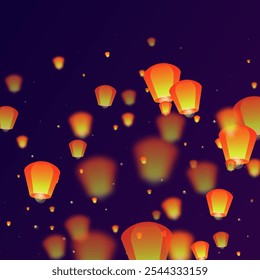 Sky lanterns floating in the night sky. Thailand holiday with paper lantern lights flying in the night sky. Sky lantern festival celebration. Vector illustration on purple gradient background.