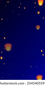 Sky lanterns floating in the night sky. Thailand holiday with paper lantern lights flying in the night sky. Sky lantern festival celebration. Vector illustration on dark blue background.