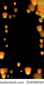 Sky lanterns floating in the night sky. Thailand holiday with paper lantern lights flying in the night sky. Sky lantern festival celebration. Vector illustration on black background.