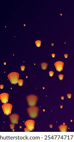 Sky lanterns floating in the night sky. Thailand holiday with paper lantern lights flying in the night sky. Sky lantern festival celebration. Vector illustration on purple gradient background.