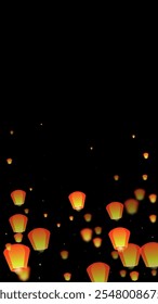 Sky lanterns floating in the night sky. Thailand holiday with paper lantern lights flying in the night sky. Sky lantern festival celebration. Vector illustration on black background.