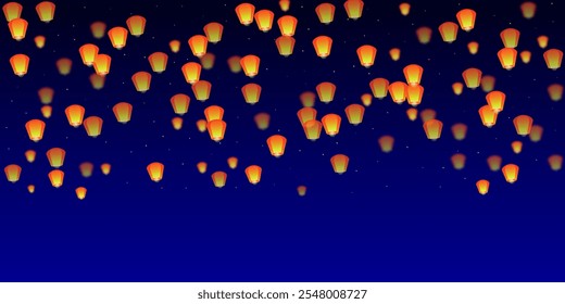 Sky lanterns floating in the night sky. Thailand holiday with paper lantern lights flying in the night sky. Sky lantern festival celebration. Vector illustration on dark blue background.