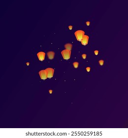 Sky lanterns floating in the night sky. Thailand holiday with paper lantern lights flying in the night sky. Sky lantern festival celebration. Vector illustration on purple gradient background.