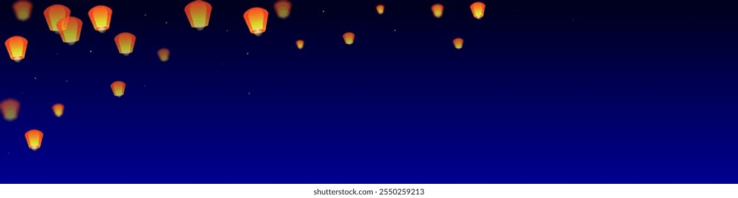 Sky lanterns floating in the night sky. Thailand holiday with paper lantern lights flying in the night sky. Sky lantern festival celebration. Vector illustration on dark blue background.