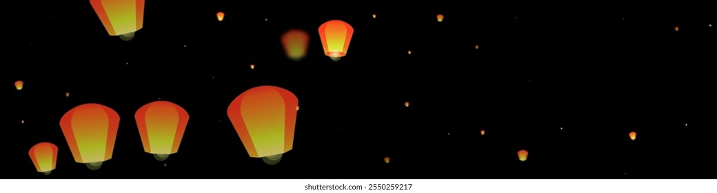 Sky lanterns floating in the night sky. Thailand holiday with paper lantern lights flying in the night sky. Sky lantern festival celebration. Vector illustration on black background.